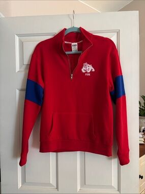 PINK Victoria's Secret Fresno StateQuarter-Zip Pullover with Blue Sleeve Stripes